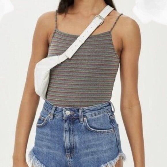 TOPSHOP Size 10 Rainbow Pink Blue Metallic Stretch Bodysuit Square Neckline - Picture 1 of 8